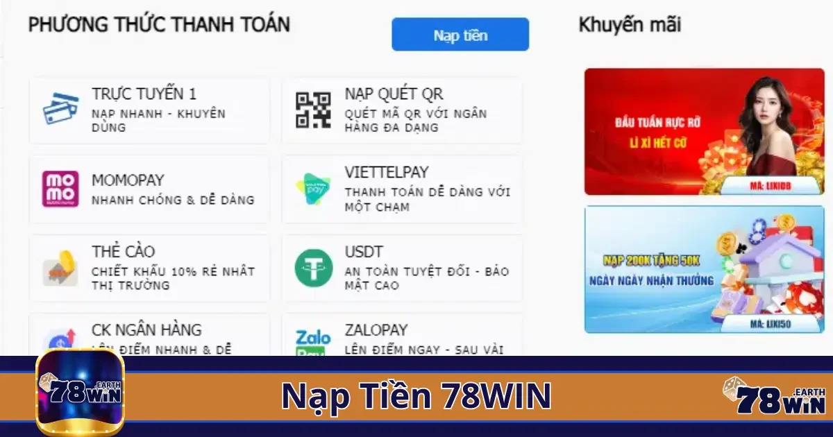 Các phương thức nạp tiền phổ biến tại 78win